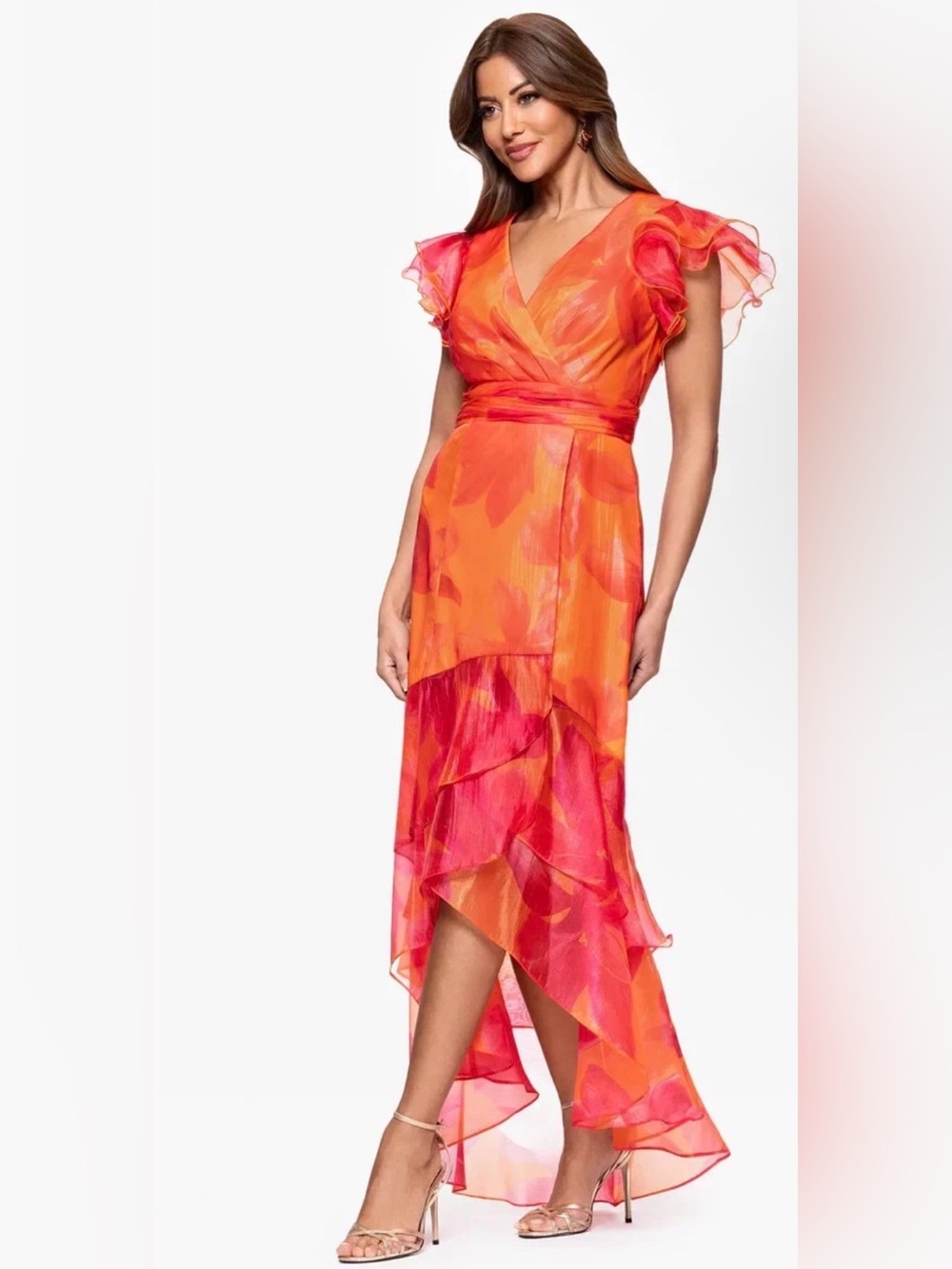 Xscape Evenings Metallic Floral High Low Gown $258 Size:14 Petite.